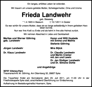 Todesanzeige von Frieda Landwehr von KREISZEITUNG SYKE
