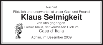 Todesanzeige von Klaus Selmigkeit von KREISZEITUNG SYKE