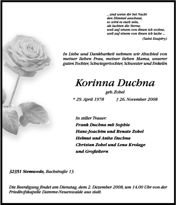 Todesanzeige von Korinna Duchna von KREISZEITUNG SYKE