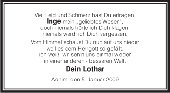 Todesanzeige von Inge Unbekannt von KREISZEITUNG SYKE