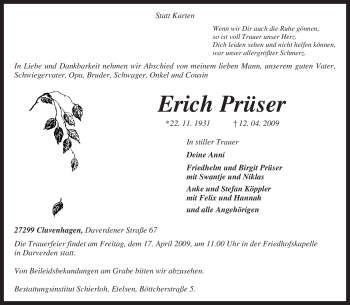 Todesanzeige von Erich Prüser von KREISZEITUNG SYKE