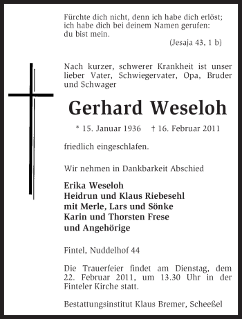 Todesanzeige von Gerhard Weseloh von KREISZEITUNG SYKE