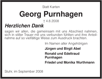 Todesanzeige von Georg Purnhagen von KREISZEITUNG SYKE