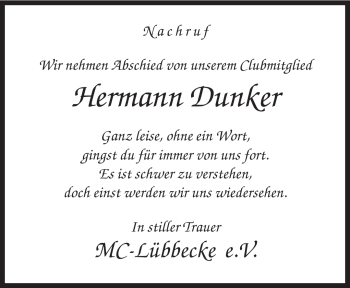Todesanzeige von Hermann Dunker von KREISZEITUNG SYKE