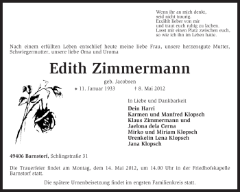 Todesanzeige von Edith Zimmermann von KREISZEITUNG SYKE