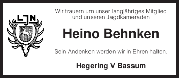 Todesanzeige von Heino Behnken von KREISZEITUNG SYKE