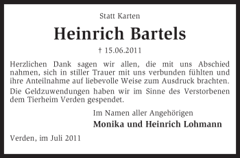 Todesanzeige von Heinrich Bartels von KREISZEITUNG SYKE