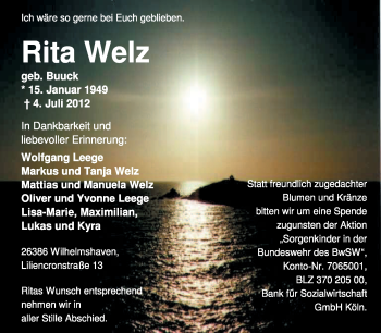 Todesanzeige von Rita Welz von KREISZEITUNG SYKE