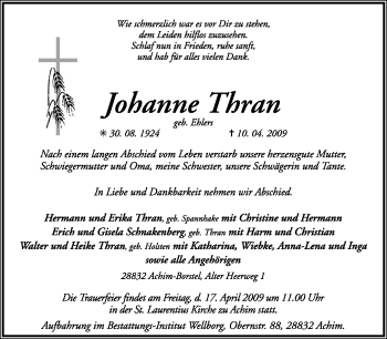 Todesanzeige von Johanne Thran von KREISZEITUNG SYKE
