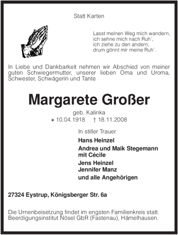 Todesanzeige von Margarete Großer von KREISZEITUNG SYKE