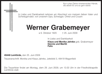 Todesanzeige von Werner Grabemeyer von KREISZEITUNG SYKE