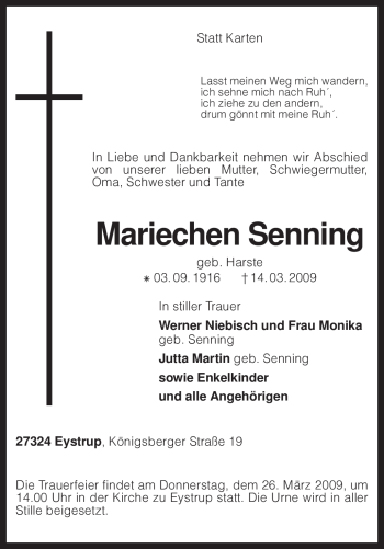 Todesanzeige von Mariechen Senning von KREISZEITUNG SYKE