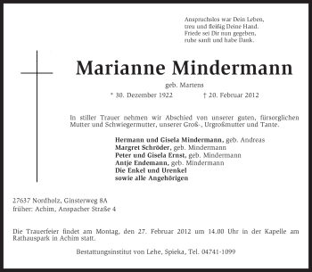 Todesanzeige von Marianne Mindermann von KREISZEITUNG SYKE