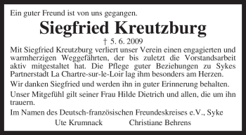 Todesanzeige von Siegfried Kreutzburg von KREISZEITUNG SYKE