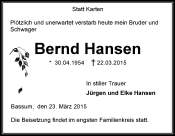 Todesanzeige von Bernd Hansen von KRZ