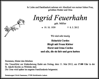 Todesanzeige von Ingrid Feuerhahn von KREISZEITUNG SYKE