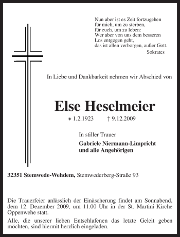 Todesanzeige von Else Heselmeier von KREISZEITUNG SYKE