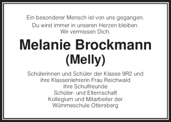 Todesanzeige von Melanie Brockmann von KREISZEITUNG SYKE