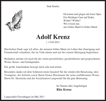 Todesanzeige von Adolf Krenz von KREISZEITUNG SYKE