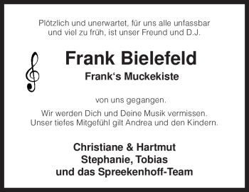Todesanzeige von Frank Bielefeld von KREISZEITUNG SYKE