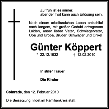 Todesanzeige von Günter Köppert von KREISZEITUNG SYKE