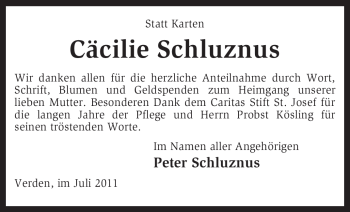 Todesanzeige von Cäcilie Schluznus von KREISZEITUNG SYKE