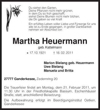 Todesanzeige von Martha Heuermann von KREISZEITUNG SYKE