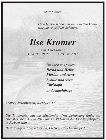 Todesanzeige von Ilse Kramer von KREISZEITUNG SYKE
