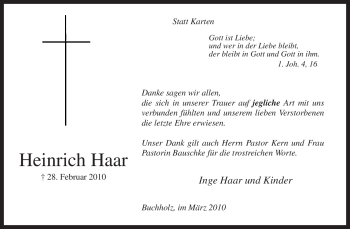 Todesanzeige von Heinrich Haar von KREISZEITUNG SYKE