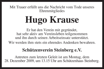 Todesanzeige von Hugo Krause von KREISZEITUNG SYKE