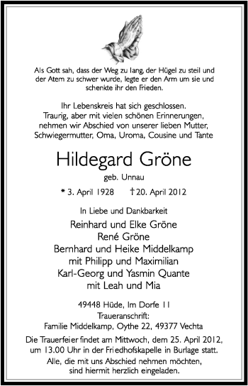 Todesanzeige von Hildegard Gröne von KREISZEITUNG SYKE