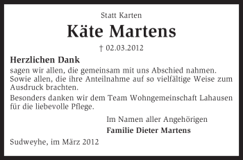 Todesanzeige von Käte Martens von KREISZEITUNG SYKE