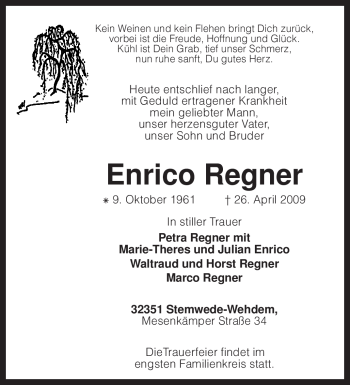 Todesanzeige von Enrico Regner von KREISZEITUNG SYKE