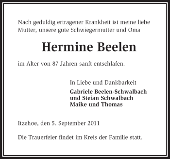 Todesanzeige von Hermine Beelen von KREISZEITUNG SYKE
