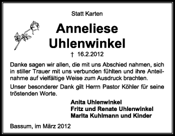 Todesanzeige von Anneliese Uhlenwinkel von KREISZEITUNG SYKE