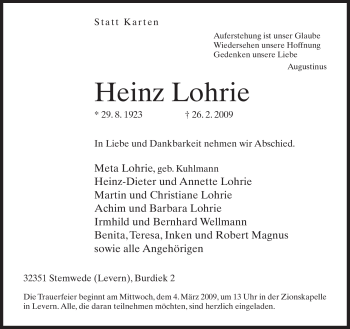 Todesanzeige von Heinz Lohrie 