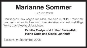 Todesanzeige von Marianne Sommer von KREISZEITUNG SYKE