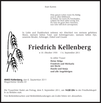 Todesanzeige von Friedrich Kellenberg von KREISZEITUNG SYKE