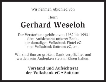 Todesanzeige von Gerhard Weseloh von KREISZEITUNG SYKE