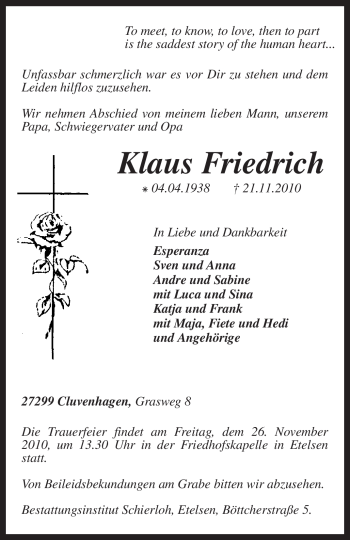 Todesanzeige von Klaus Friedrich von KREISZEITUNG SYKE