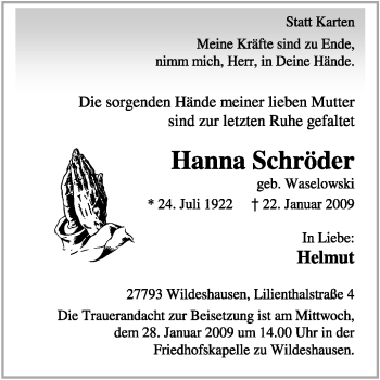 Todesanzeige von Hanna Schröder von KREISZEITUNG SYKE
