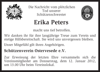 Todesanzeige von Erika Peters von KREISZEITUNG SYKE