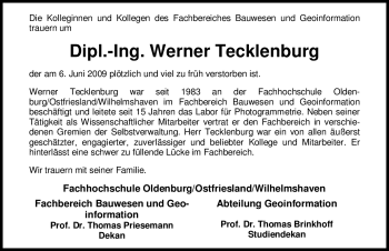Todesanzeige von Werner Tecklenburg 