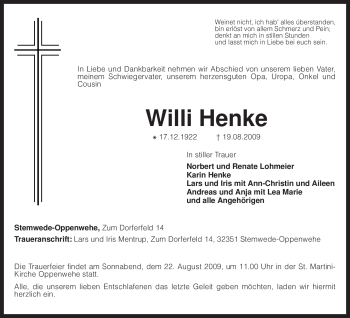 Todesanzeige von Willi Henke von KREISZEITUNG SYKE