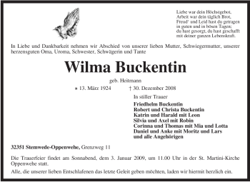 Todesanzeige von Wilma Buckentin von KREISZEITUNG SYKE