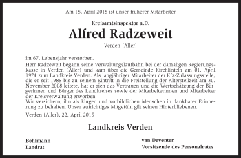 Todesanzeige von Alfred Radzeweit von KRZ