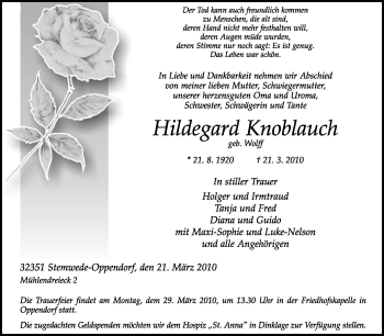 Todesanzeige von Hildegard Knoblauch von KREISZEITUNG SYKE