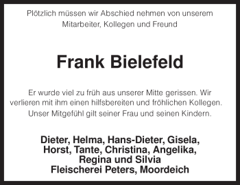 Todesanzeige von Frank Bielefeld von KREISZEITUNG SYKE