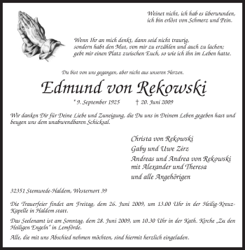 Todesanzeige von Edmund von Rekowski von KREISZEITUNG SYKE