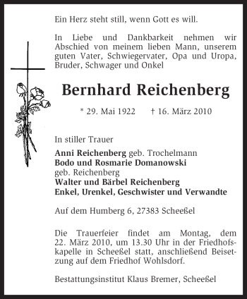 Todesanzeige von Bernhard Reichenberg von KREISZEITUNG SYKE